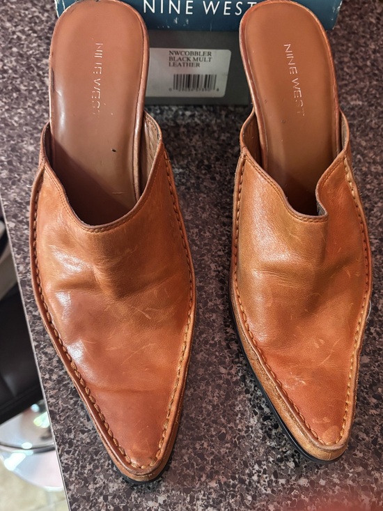 Nine West Shoes - Nine West Tan Leather Pointed-Toe Slip-On Mules